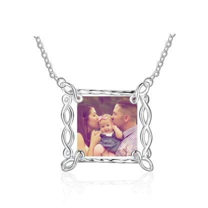 Personalized Custom Multicolor Photo Engraved Word Hollow Pattern Border 925 Sterling Silver Pendant Necklace - Personalized Jewel