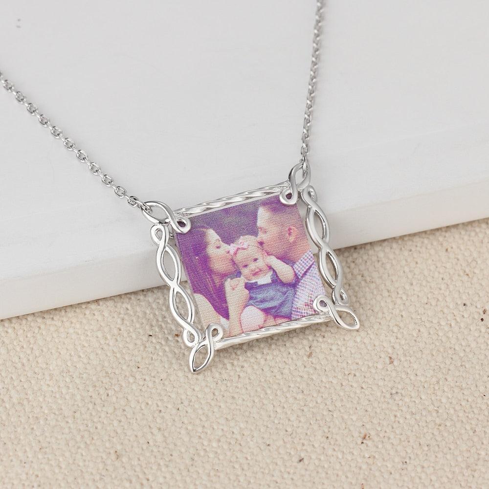 Personalized Custom Multicolor Photo Engraved Word Hollow Pattern Border 925 Sterling Silver Pendant Necklace - Personalized Jewel