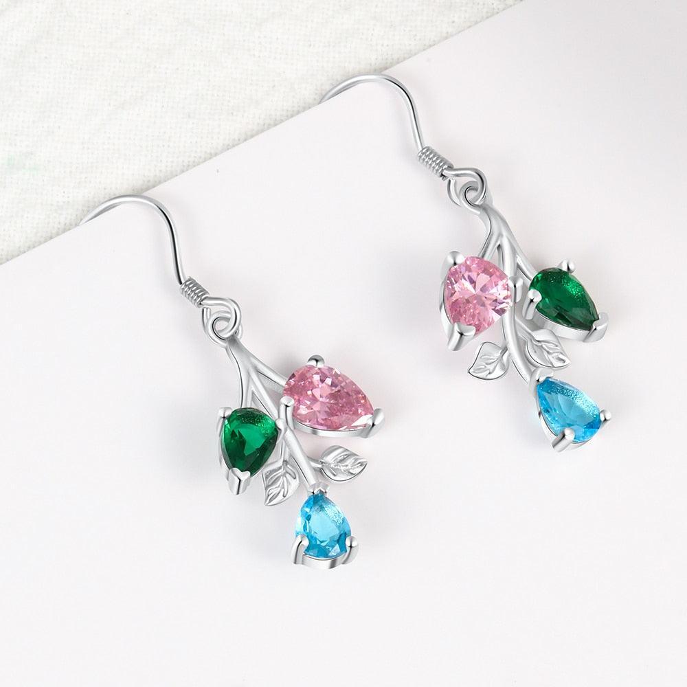 Personalized Drop Branch Leaf Dangle Earrings with Customized 3 Birthstones, Gift Earrings for Women-Personalized Jewels