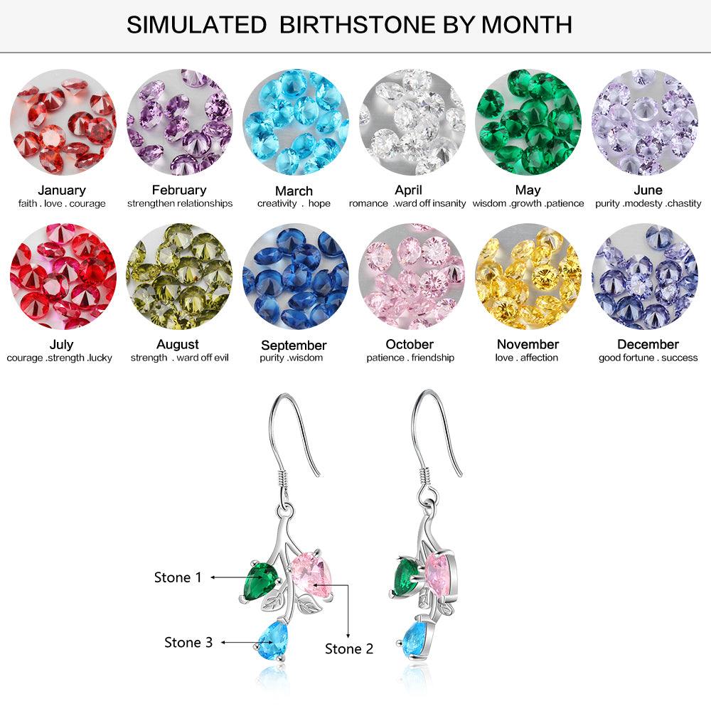 Personalized Drop Branch Leaf Dangle Earrings with Customized 3 Birthstones, Gift Earrings for Women - Personalized Jewel
