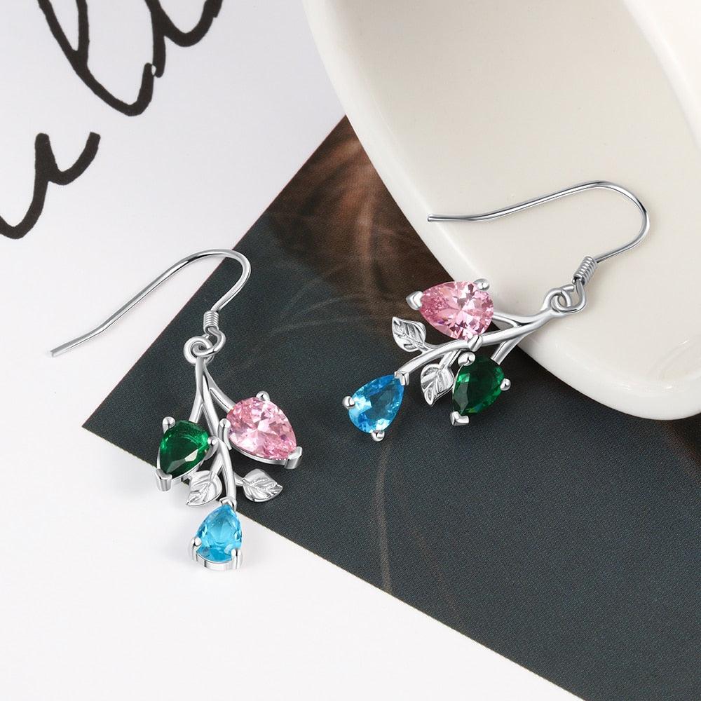 Personalized Drop Branch Leaf Dangle Earrings with Customized 3 Birthstones, Gift Earrings for Women - Personalized Jewel