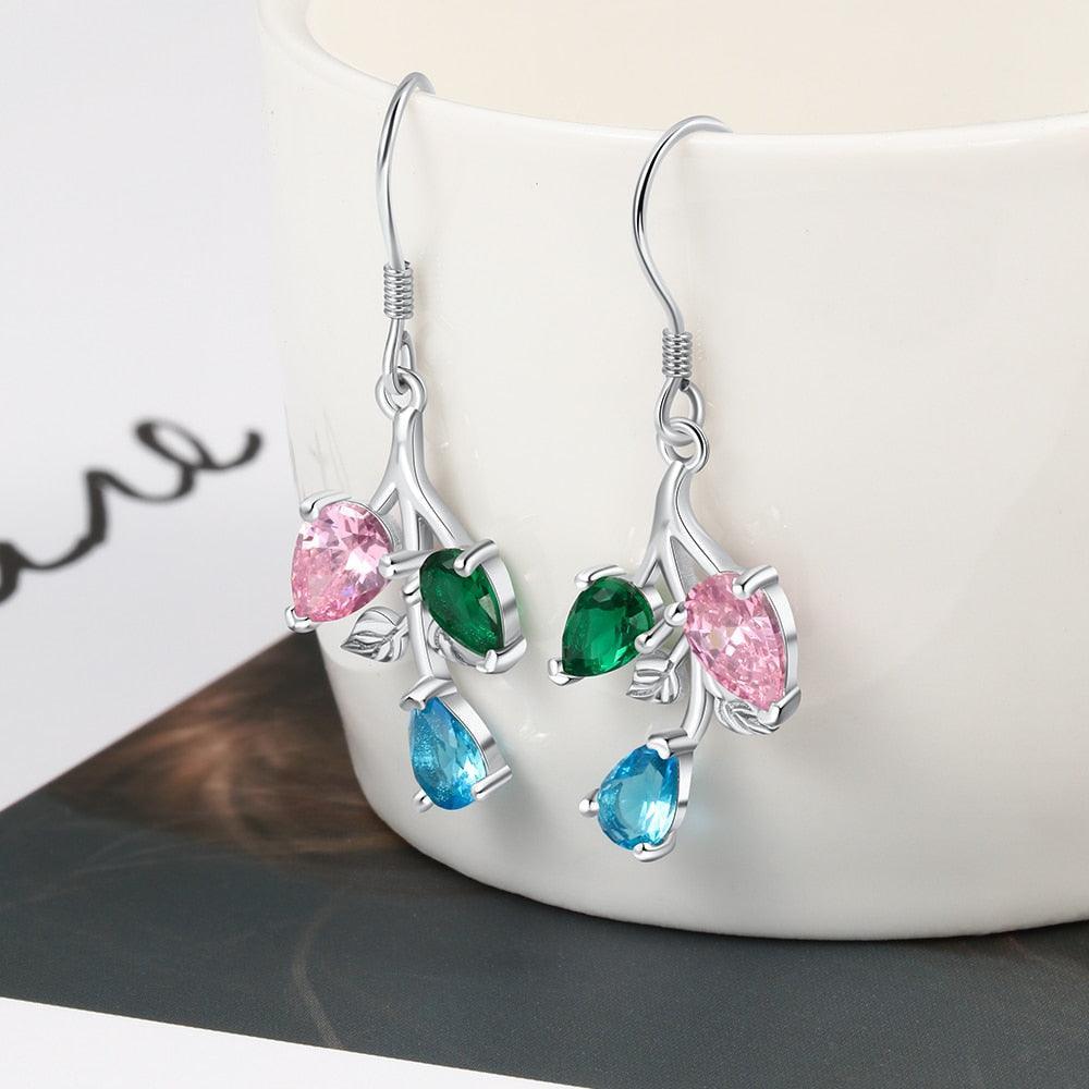 Personalized Drop Branch Leaf Dangle Earrings with Customized 3 Birthstones, Gift Earrings for Women - Personalized Jewel