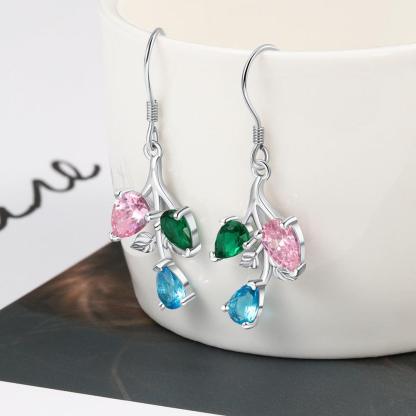 Personalized Drop Branch Leaf Dangle Earrings with Customized 3 Birthstones, Gift Earrings for Women - Personalized Jewel