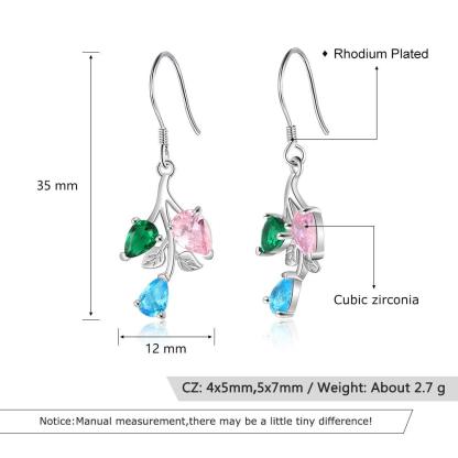 Personalized Drop Branch Leaf Dangle Earrings with Customized 3 Birthstones, Gift Earrings for Women - Personalized Jewel