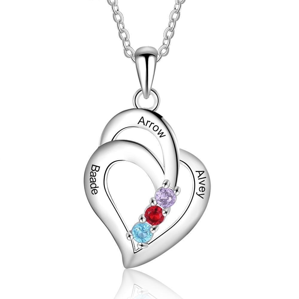 Personalized Engravable Name Heart Pendant Necklace with 3 Birthstones Gifts for Mom - Personalized Jewel