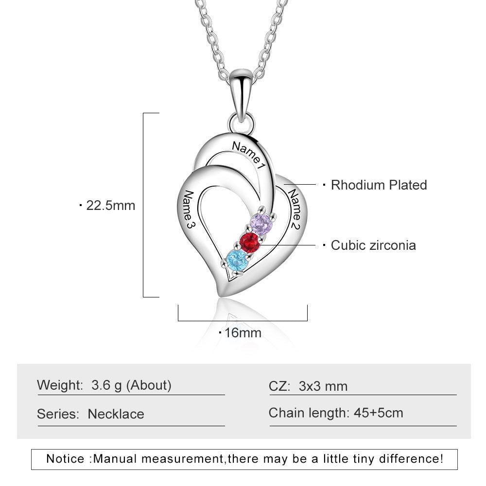 Personalized Engravable Name Heart Pendant Necklace with 3 Birthstones Gifts for Mom - Personalized Jewel
