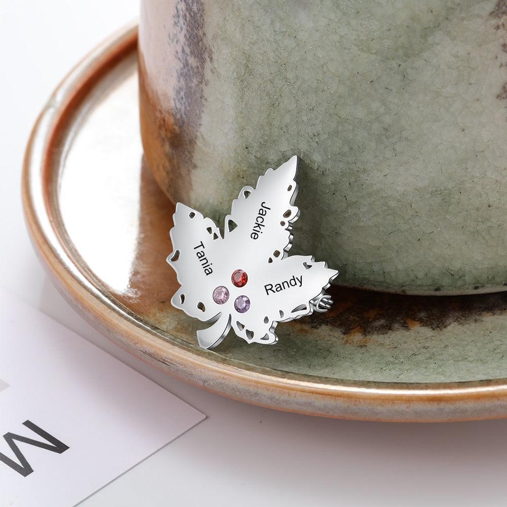 Personalized Engraving Name Maple Leaf 3 Birthstone Brooch for Women-Personalized Jewels