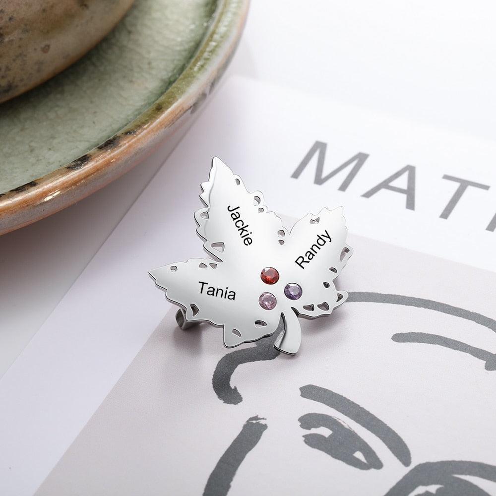 Personalized Engraving Name Maple Leaf 3 Birthstone Brooch for Women-Personalized Jewels