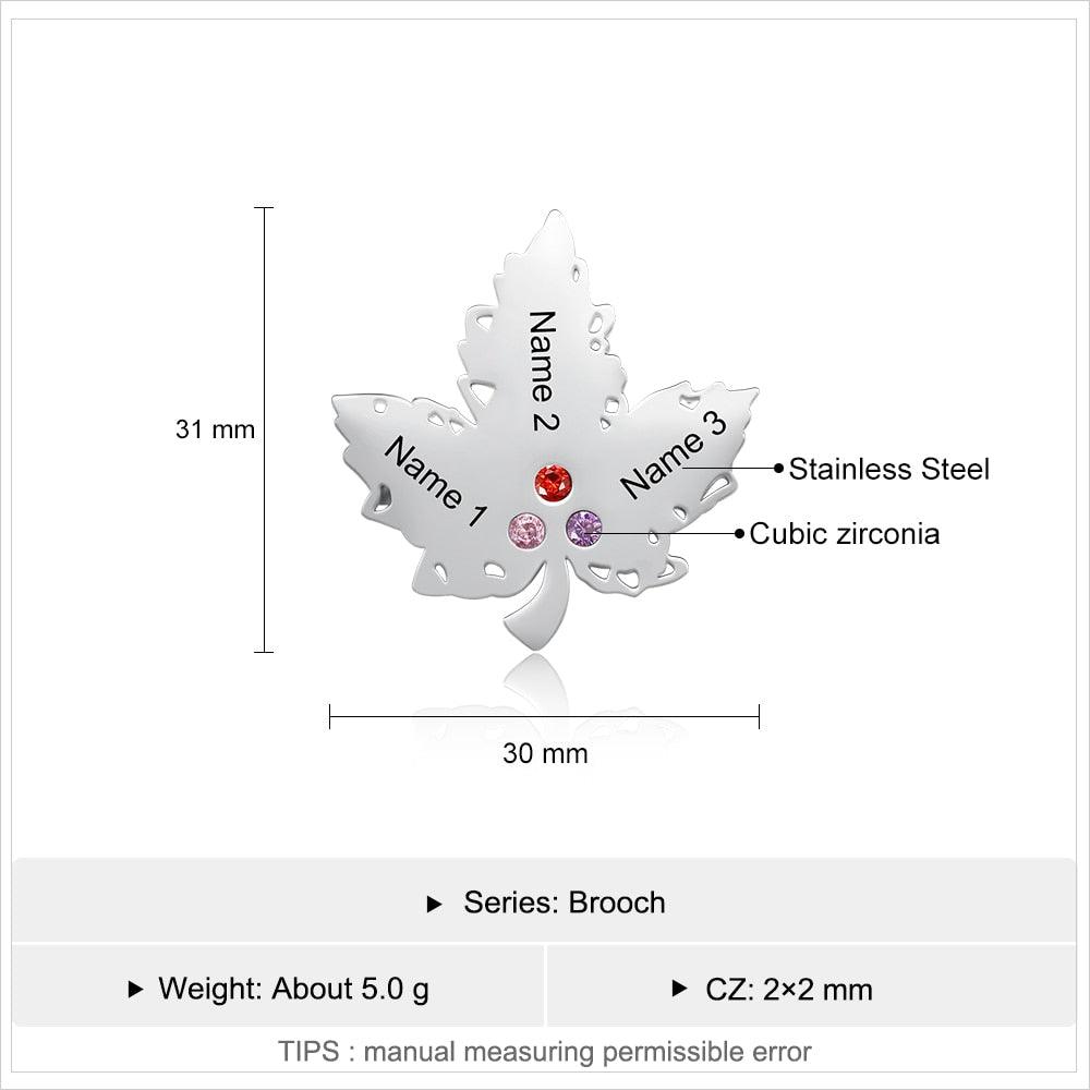 Personalized Engraving Name Maple Leaf 3 Birthstone Brooch for Women-Personalized Jewels