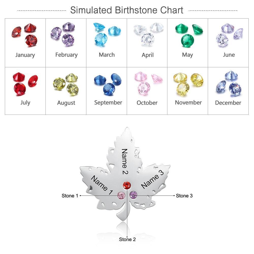 Personalized Engraving Name Maple Leaf 3 Birthstone Brooch for Women-Personalized Jewels