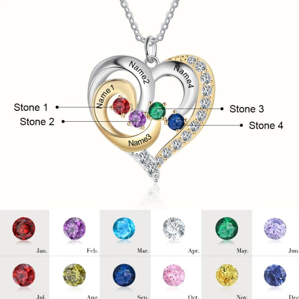 Personalized Golden Silver Pendant Necklace Four Custom Names And Birthstones - Personalized Jewel