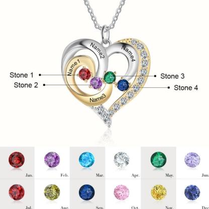 Personalized Golden Silver Pendant Necklace Four Custom Names And Birthstones - Personalized Jewel