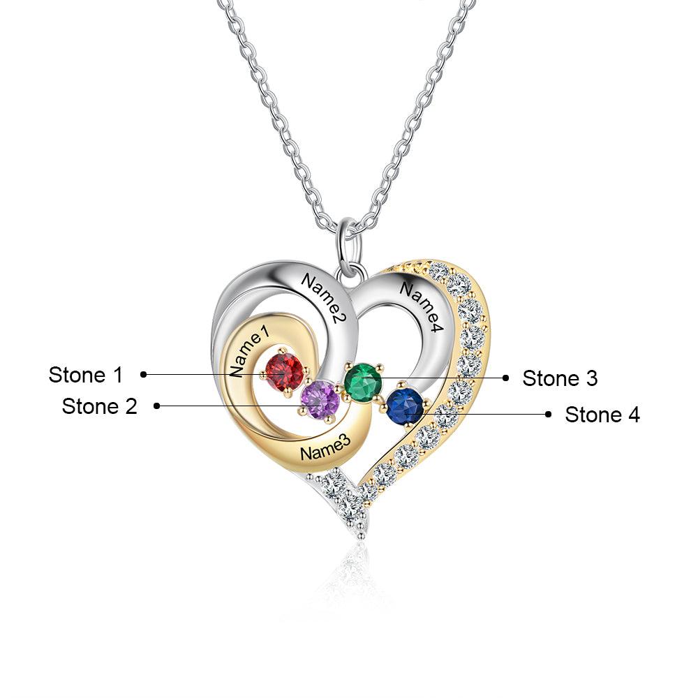 Personalized Golden Silver Pendant Necklace Four Custom Names And Birthstones - Personalized Jewel