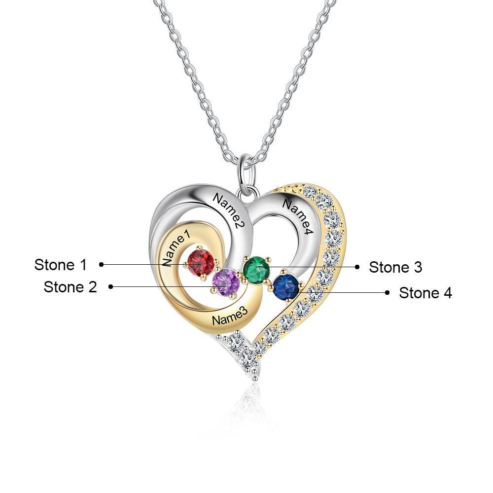 Personalized Golden Silver Pendant Necklace Four Custom Names And Birthstones - Personalized Jewel