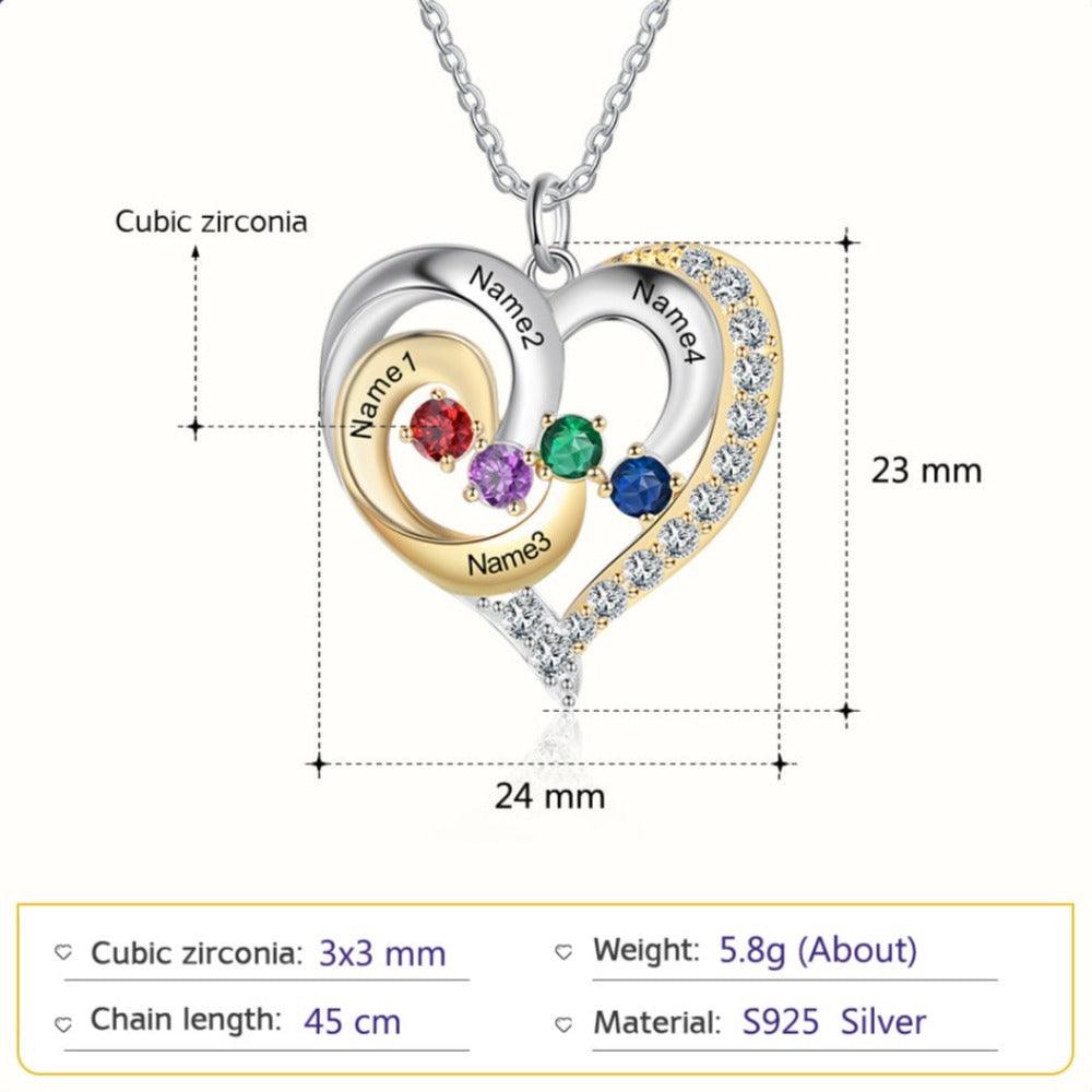 Personalized Golden Silver Pendant Necklace Four Custom Names And Birthstones - Personalized Jewel