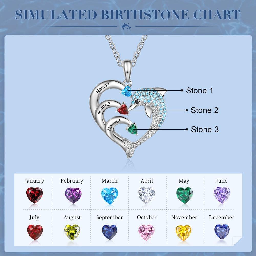 Personalized Heart Dolphin Silver Pendant Necklace - Three Custom Names & Birthstones - Personalized Jewel