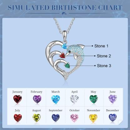 Personalized Heart Dolphin Silver Pendant Necklace - Three Custom Names & Birthstones - Personalized Jewel