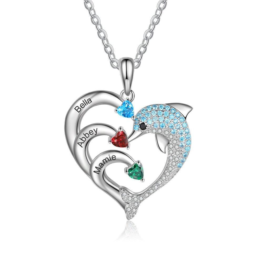 Personalized Heart Dolphin Silver Pendant Necklace - Three Custom Names & Birthstones - Personalized Jewel