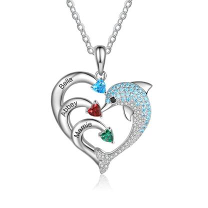 Personalized Heart Dolphin Silver Pendant Necklace - Three Custom Names & Birthstones - Personalized Jewel
