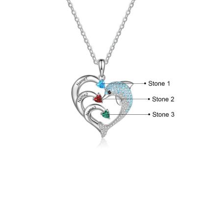 Personalized Heart Dolphin Silver Pendant Necklace - Three Custom Names & Birthstones - Personalized Jewel