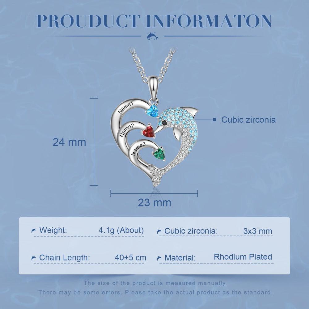 Personalized Heart Dolphin Silver Pendant Necklace - Three Custom Names & Birthstones - Personalized Jewel
