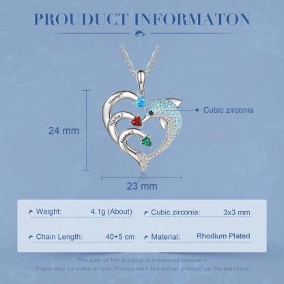Personalized Heart Dolphin Silver Pendant Necklace - Three Custom Names & Birthstones - Personalized Jewel