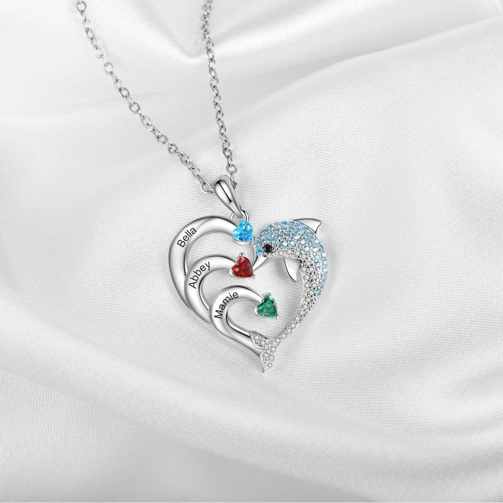 Personalized Heart Dolphin Silver Pendant Necklace - Three Custom Names & Birthstones - Personalized Jewel