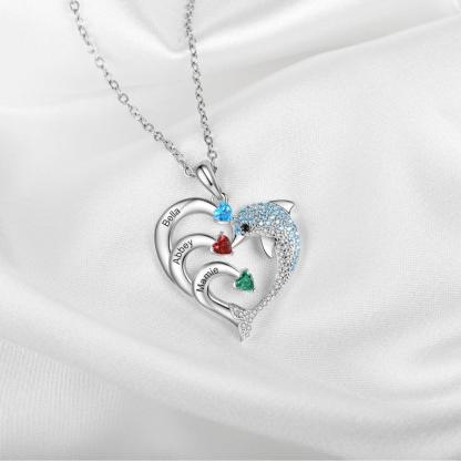 Personalized Heart Dolphin Silver Pendant Necklace - Three Custom Names & Birthstones - Personalized Jewel