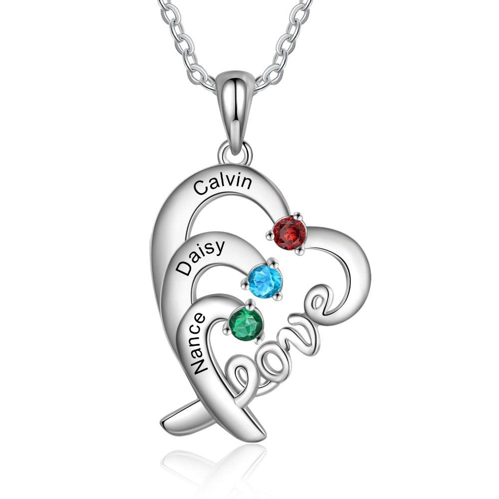 Personalized Heart Love Silver Pendant Necklace - Three Custom Names & Birthstones-Personalized Jewels
