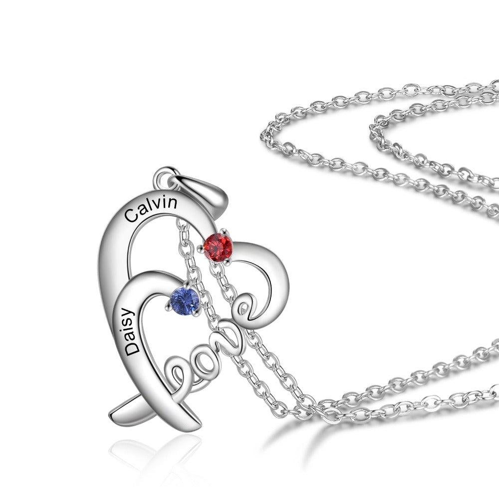 Personalized Heart Love Silver Pendant Necklace - Two Custom Names & Birthstones-Personalized Jewels
