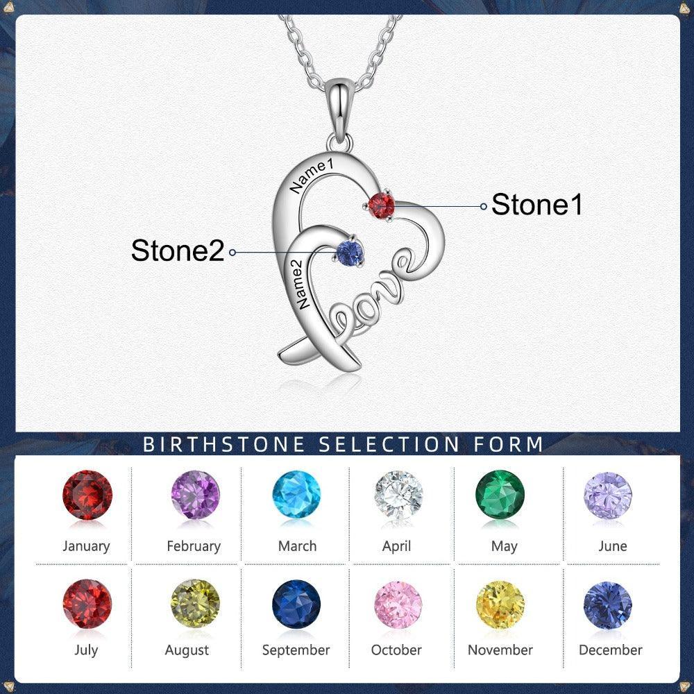 Personalized Heart Love Silver Pendant Necklace - Two Custom Names & Birthstones - Personalized Jewel