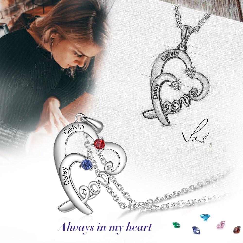Personalized Heart Love Silver Pendant Necklace - Two Custom Names & Birthstones - Personalized Jewel