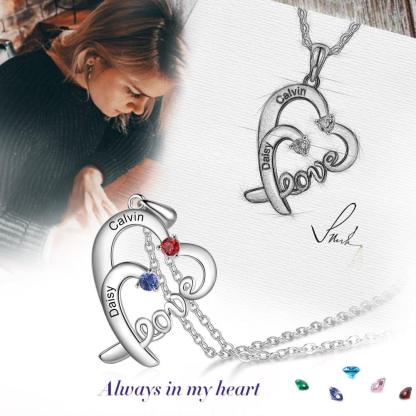 Personalized Heart Love Silver Pendant Necklace - Two Custom Names & Birthstones - Personalized Jewel