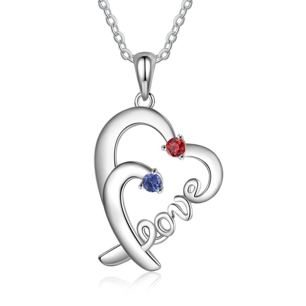 Personalized Heart Love Silver Pendant Necklace - Two Custom Names & Birthstones - Personalized Jewel