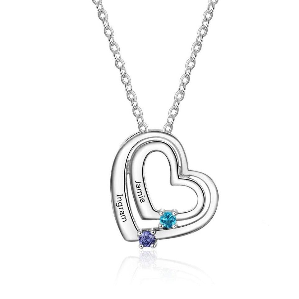 Personalized Heart Name Necklace with 2 Birthstones Custom Engraving Pendants for Women Mother's Day Gifts - Personalized Jewel