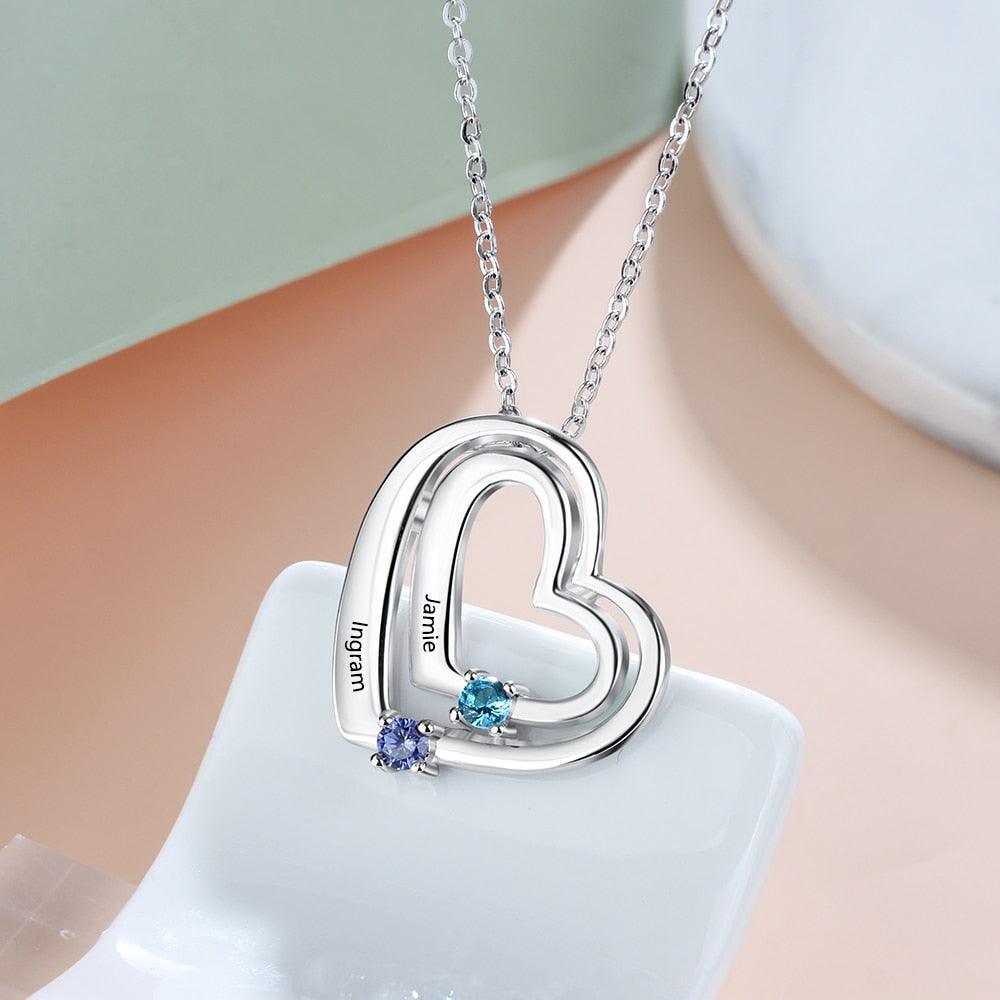 Personalized Heart Name Necklace with 2 Birthstones Custom Engraving Pendants for Women Mother's Day Gifts - Personalized Jewel