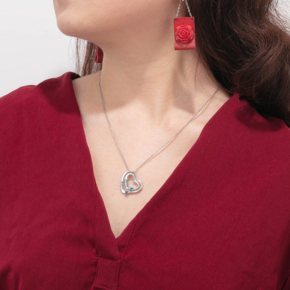 Personalized Heart Name Necklace with 2 Birthstones Custom Engraving Pendants for Women Mother's Day Gifts - Personalized Jewel