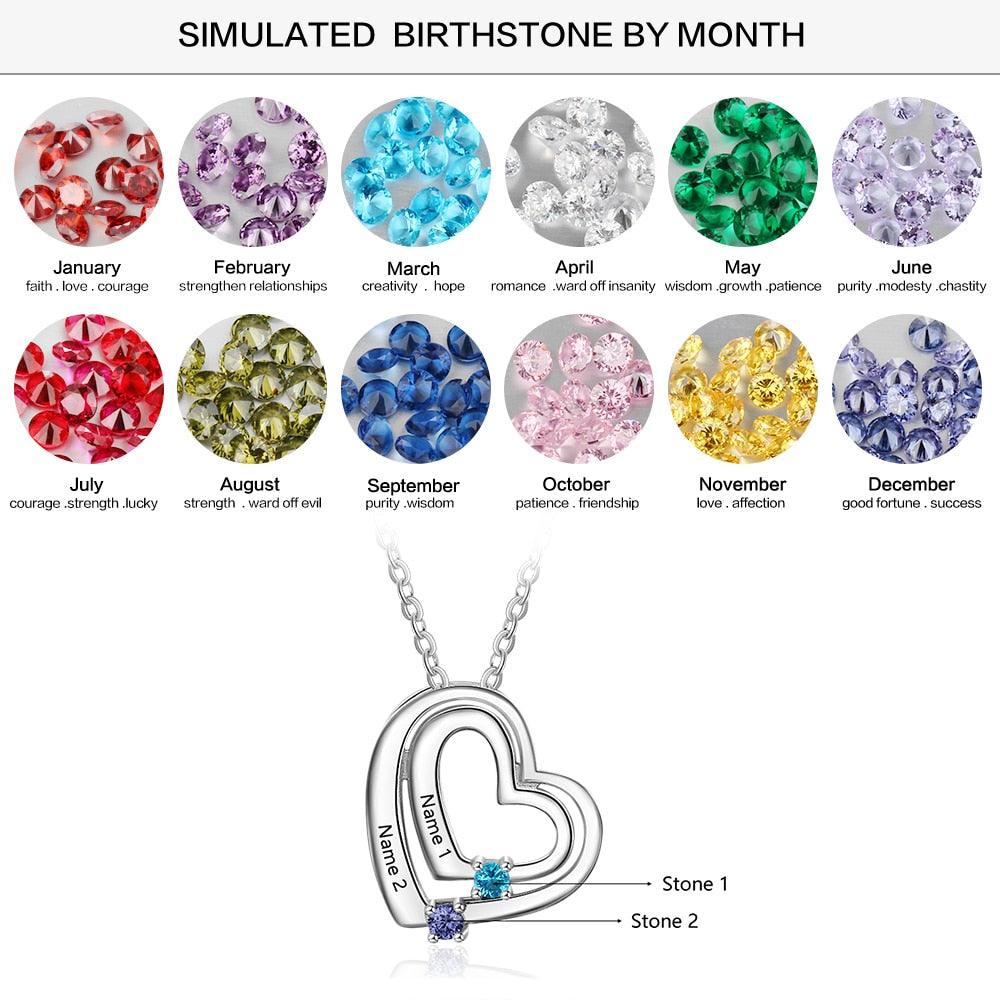 Personalized Heart Name Necklace with 2 Birthstones Custom Engraving Pendants for Women Mother's Day Gifts - Personalized Jewel