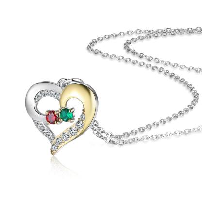Personalized Heart Silver & Gold Pendant Necklace - Two Custom Names & Birthstones - Personalized Jewel