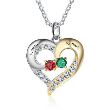 Personalized Heart Silver & Gold Pendant Necklace - Two Custom Names & Birthstones - Personalized Jewel