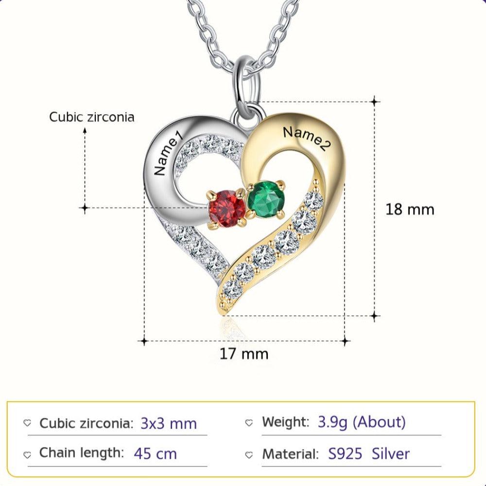 Personalized Heart Silver & Gold Pendant Necklace - Two Custom Names & Birthstones - Personalized Jewel