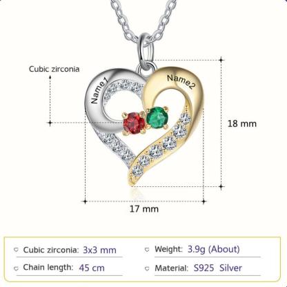 Personalized Heart Silver & Gold Pendant Necklace - Two Custom Names & Birthstones - Personalized Jewel