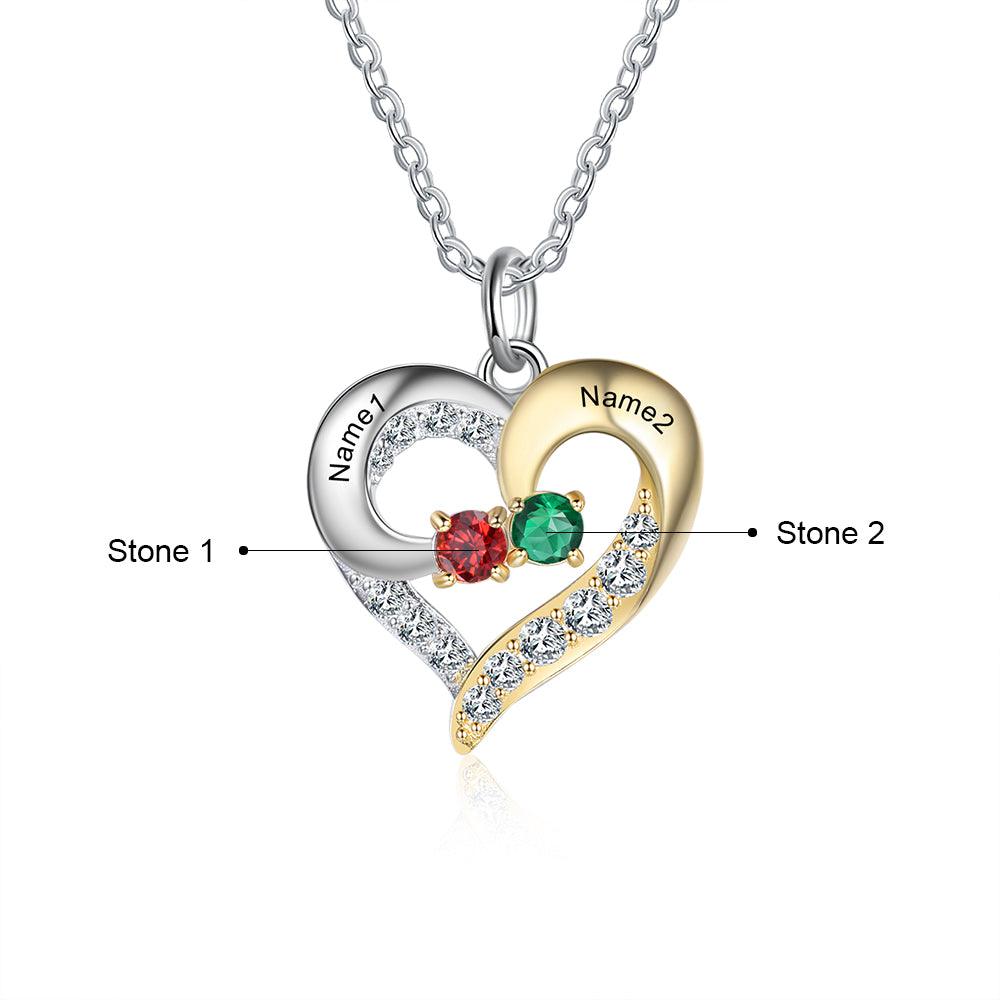Personalized Heart Silver & Gold Pendant Necklace - Two Custom Names & Birthstones - Personalized Jewel