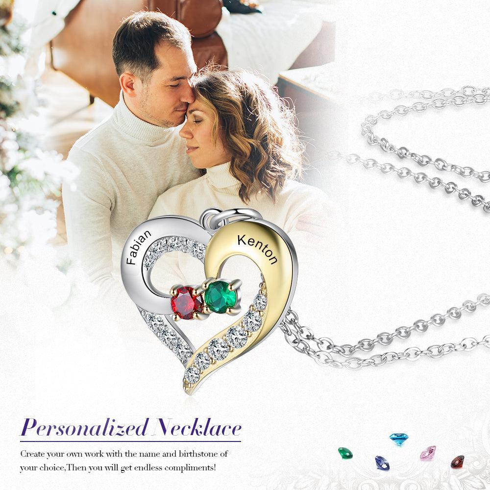 Personalized Heart Silver & Gold Pendant Necklace - Two Custom Names & Birthstones - Personalized Jewel
