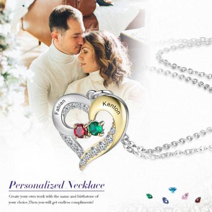 Personalized Heart Silver & Gold Pendant Necklace - Two Custom Names & Birthstones - Personalized Jewel