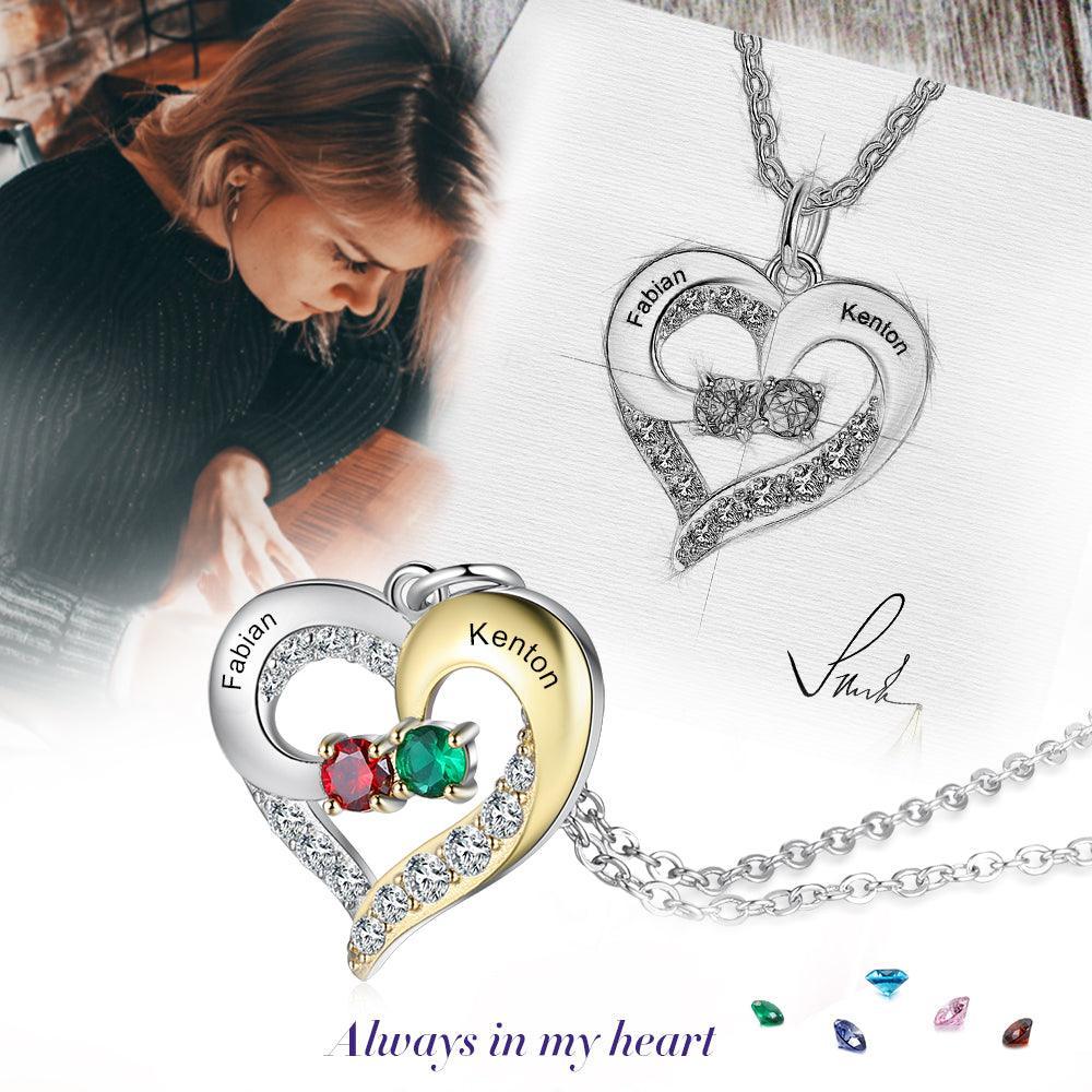 Personalized Heart Silver & Gold Pendant Necklace - Two Custom Names & Birthstones - Personalized Jewel
