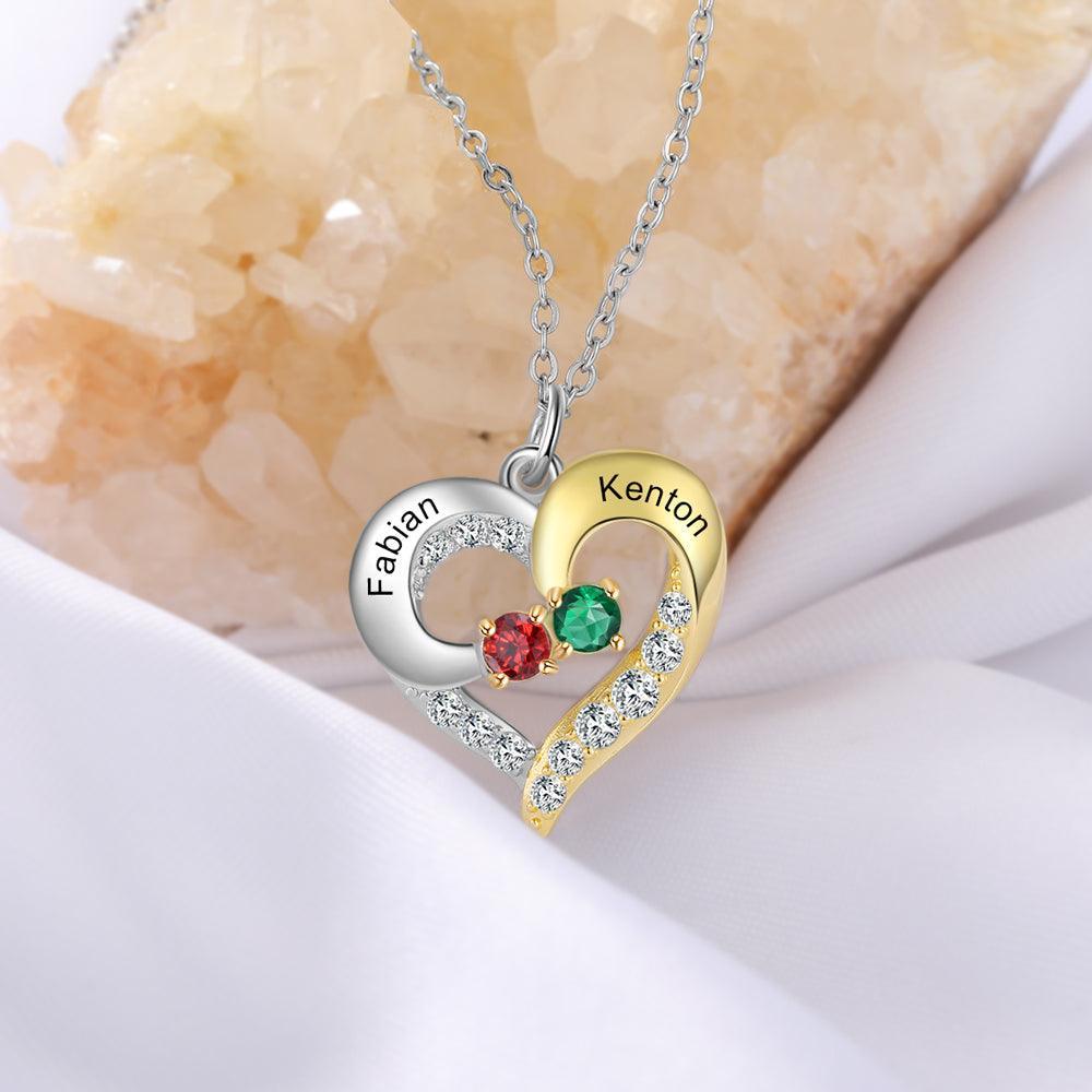 Personalized Heart Silver & Gold Pendant Necklace - Two Custom Names & Birthstones - Personalized Jewel