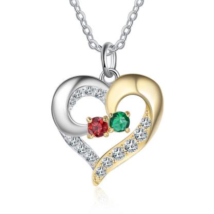 Personalized Heart Silver & Gold Pendant Necklace - Two Custom Names & Birthstones - Personalized Jewel