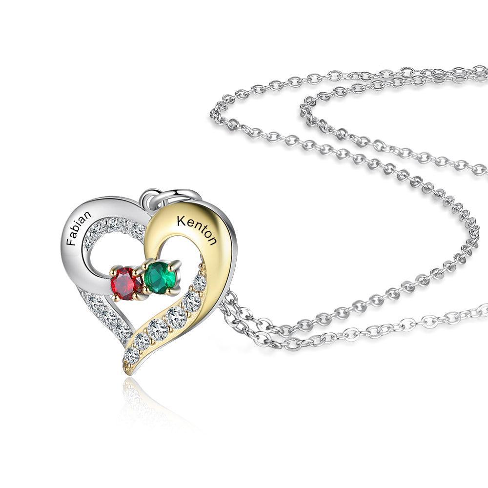 Personalized Heart Silver & Gold Pendant Necklace - Two Custom Names & Birthstones - Personalized Jewel