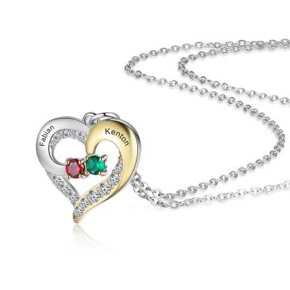 Personalized Heart Silver & Gold Pendant Necklace - Two Custom Names & Birthstones - Personalized Jewel